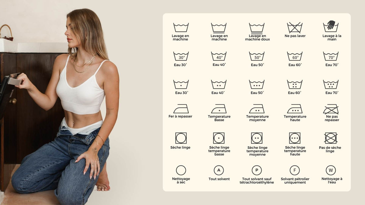 une femme lave ses sous vêtements avec une carte des pictogrammes de lavage